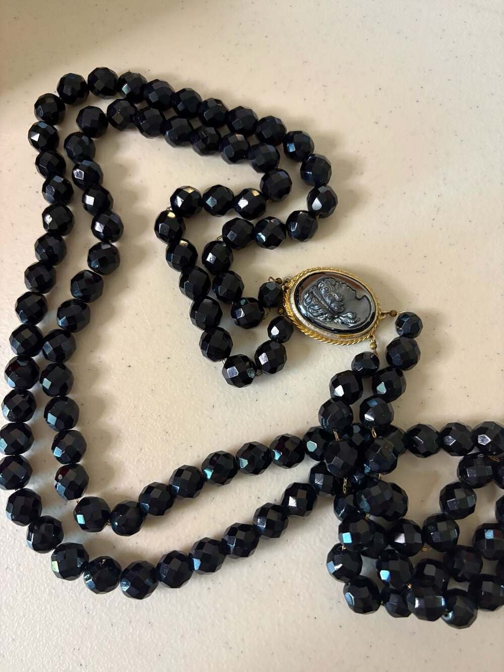 Vintage Black Faceted Glass Bead Necklace With Cameo Clasp